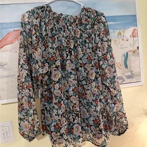 Floral Smocked Neck Long-Sleeve Blouse - Black Multi